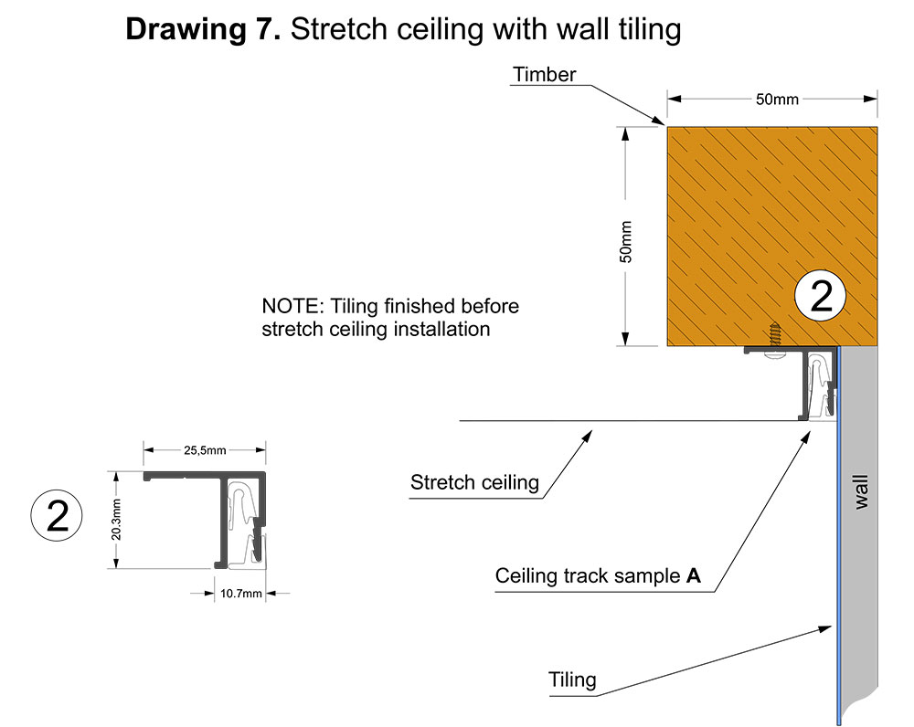 Stretch ceiling with wall tiling